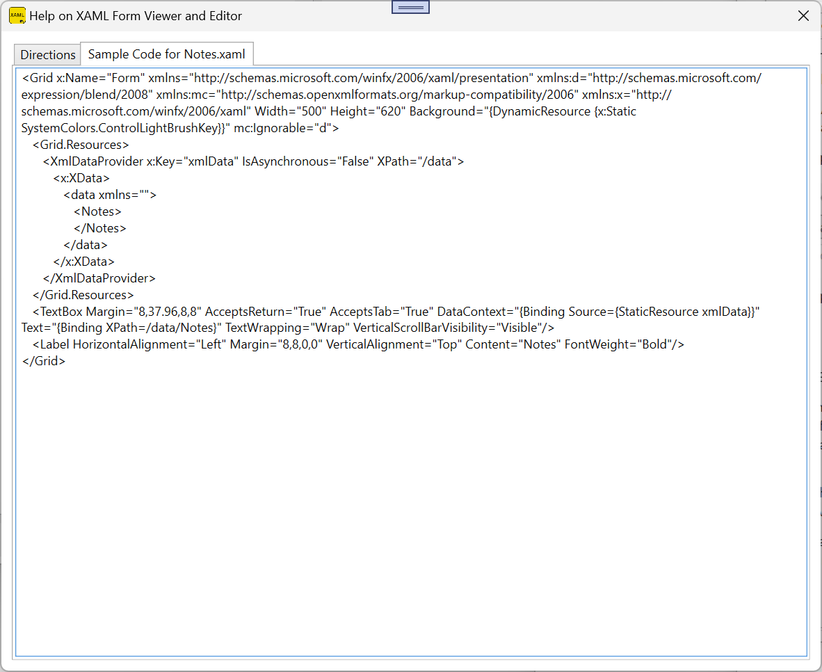 Sample code for Notes.xaml
