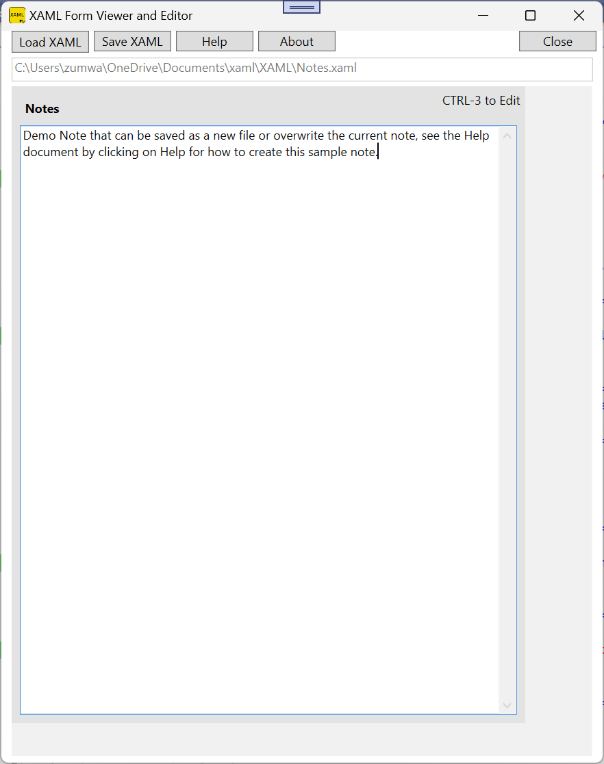 XAML Form Viewer showing a note form